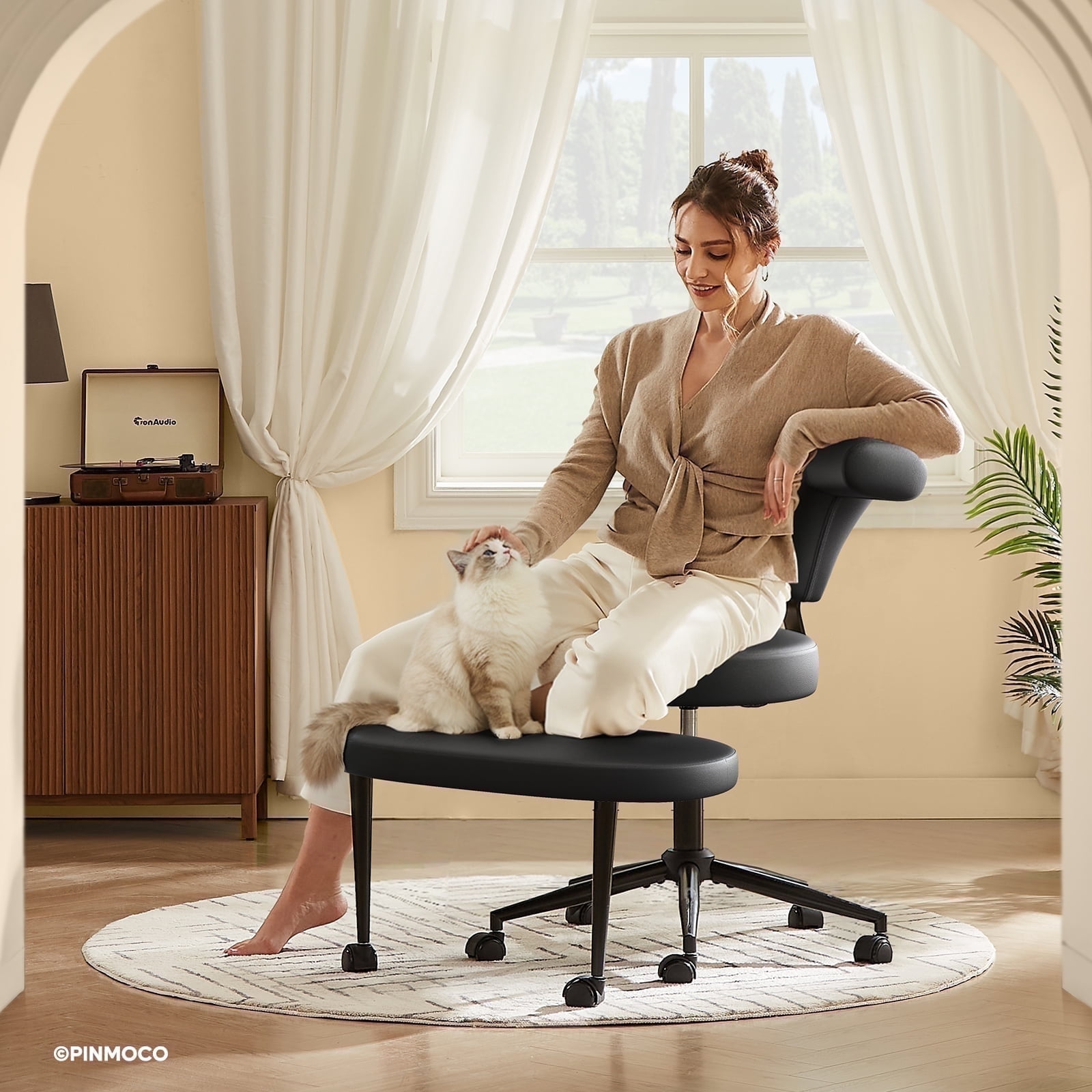 Pinmoco Ergonomic Adhd Chair with Backwards Comfort, PU Leather Cross Legged Office Chair, Extra Wide Swivel for Home Office, Black