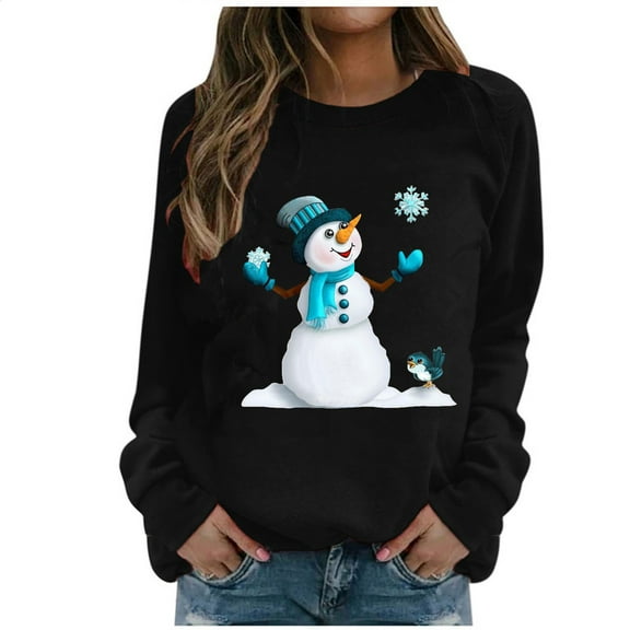Mhoxuto Womens Christmas Sweatshirts Funny Xmas Snowman Pattern Tops Long Sleeve Crewneck Pullover Tees Fall Fashion Clothes