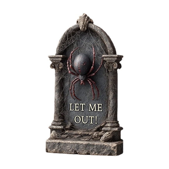 XHKUYI Halloween Tombstone Yard Sign 16.9 Inch, Let Me Out Spider Tombstone Lawn Decor with Plastic Grave Marker Look and Ground Stake, for Garden Yard Graveyard Scene Display