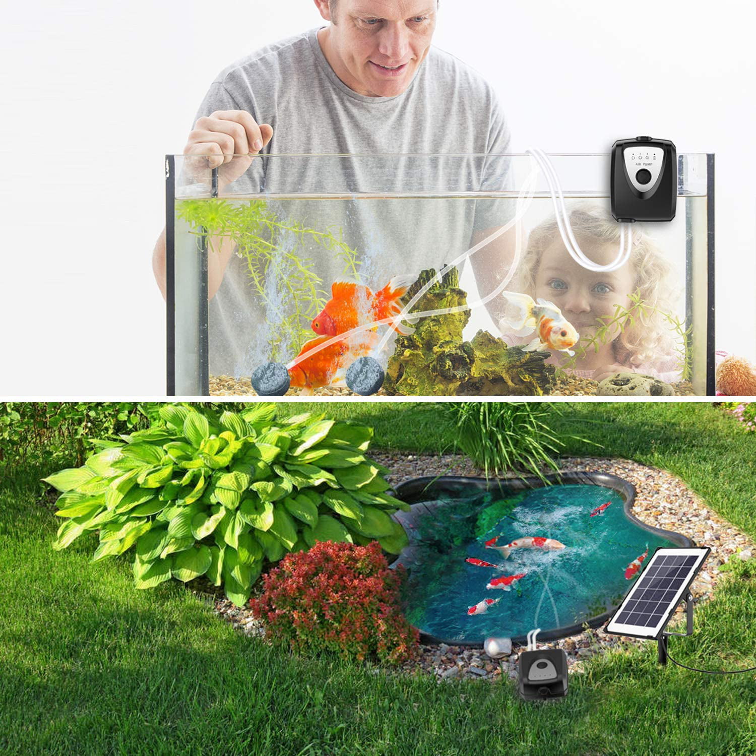 Aquarium Air Pump with Accessories Solar/USB Charging 3 Working Modes Flip Air Pump for Aquarium Fish Tank Pond Pool Oxygenator Winbang Air Pump 