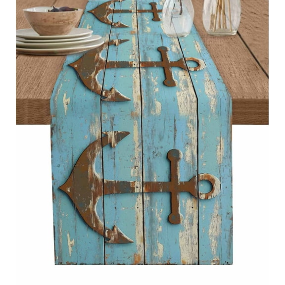 Table Runner Dresser Scarf 13 x 70 Inch Marine Nautical Vintage Tear Anchor Wood Grain Table Runners Non-Slip Heat Kitchen Dining Table Decor for Indoor Outdoor Home Party Decoration