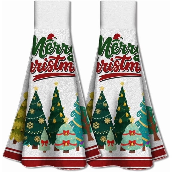 2 Pack Christmas Tree Kitchen Hanging Towels with Loop Merry Christmas Winter Decorative Hand Tie Towel Microfiber Soft Absorbent Hanging Dish Tea Washcloth 12.4x13.5 Inch