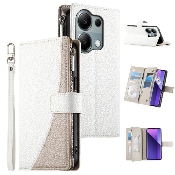 Funda cartera GANGXUN para Xiaomi Poco M6 Pro 4G , cuero PU con tarjetero, cremallera, correa de mano, soporte y protección 1233°
