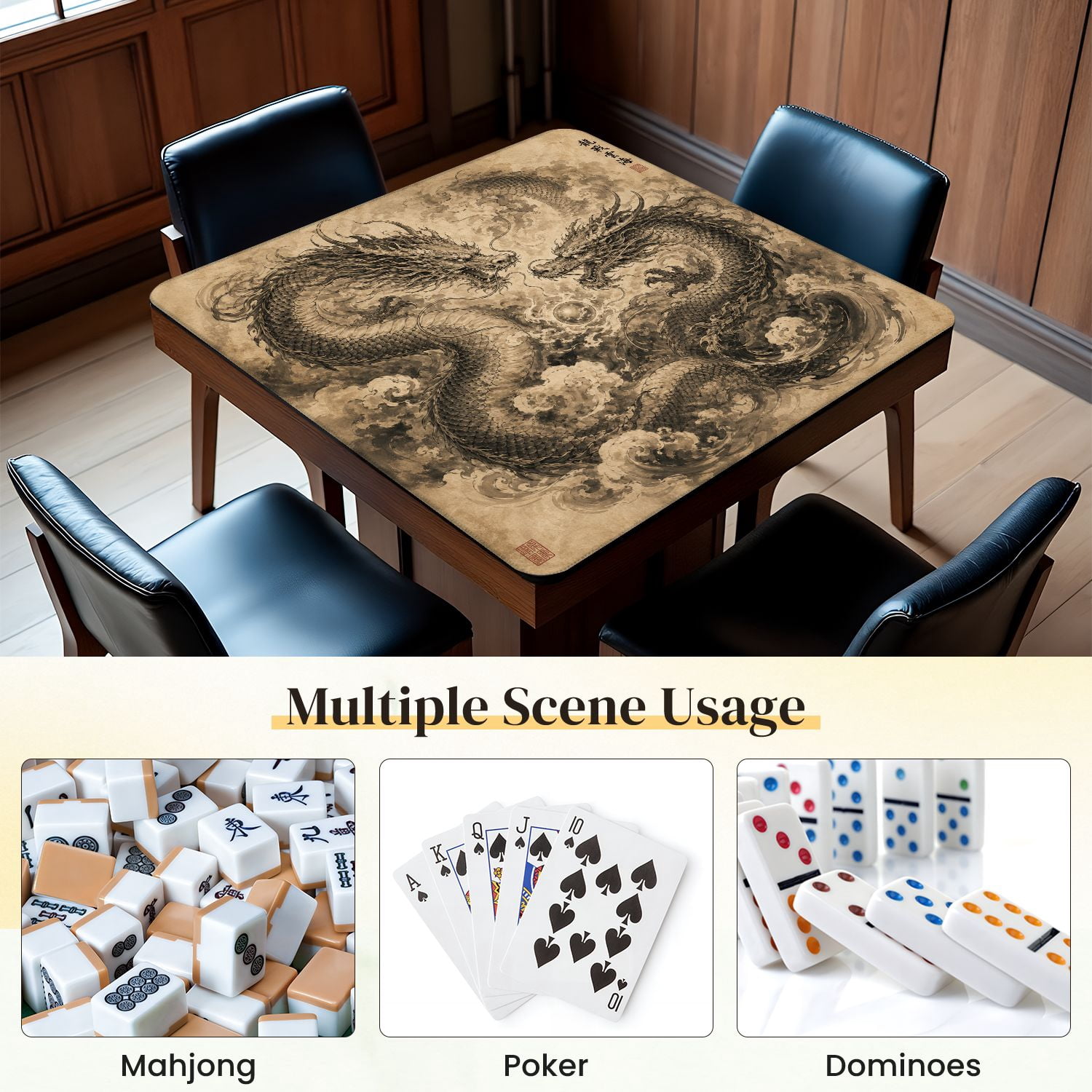 Mahjong Mat 31.5" x 31.5" Chinese Dragon Two Serpentine Dragons Stormy Clouds Monochrome Ink Art Non-Slip Noise Reduction Mahjong Tiles Table Cover for Dominoes Poker Card Board and Tile Games