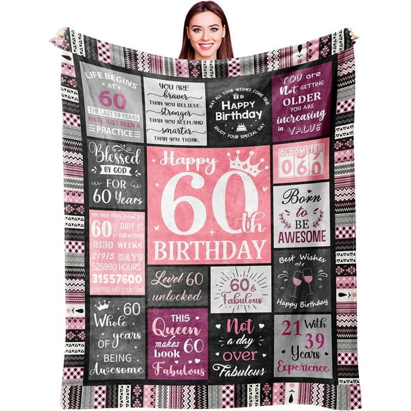 60th Birthday Gifts for Women Throw Blanket 60X50, Happy 60th Birthday Decorations Gift Ideas for 60 Year Old Woman, 1965 Bday Gifts for Mom Grandma