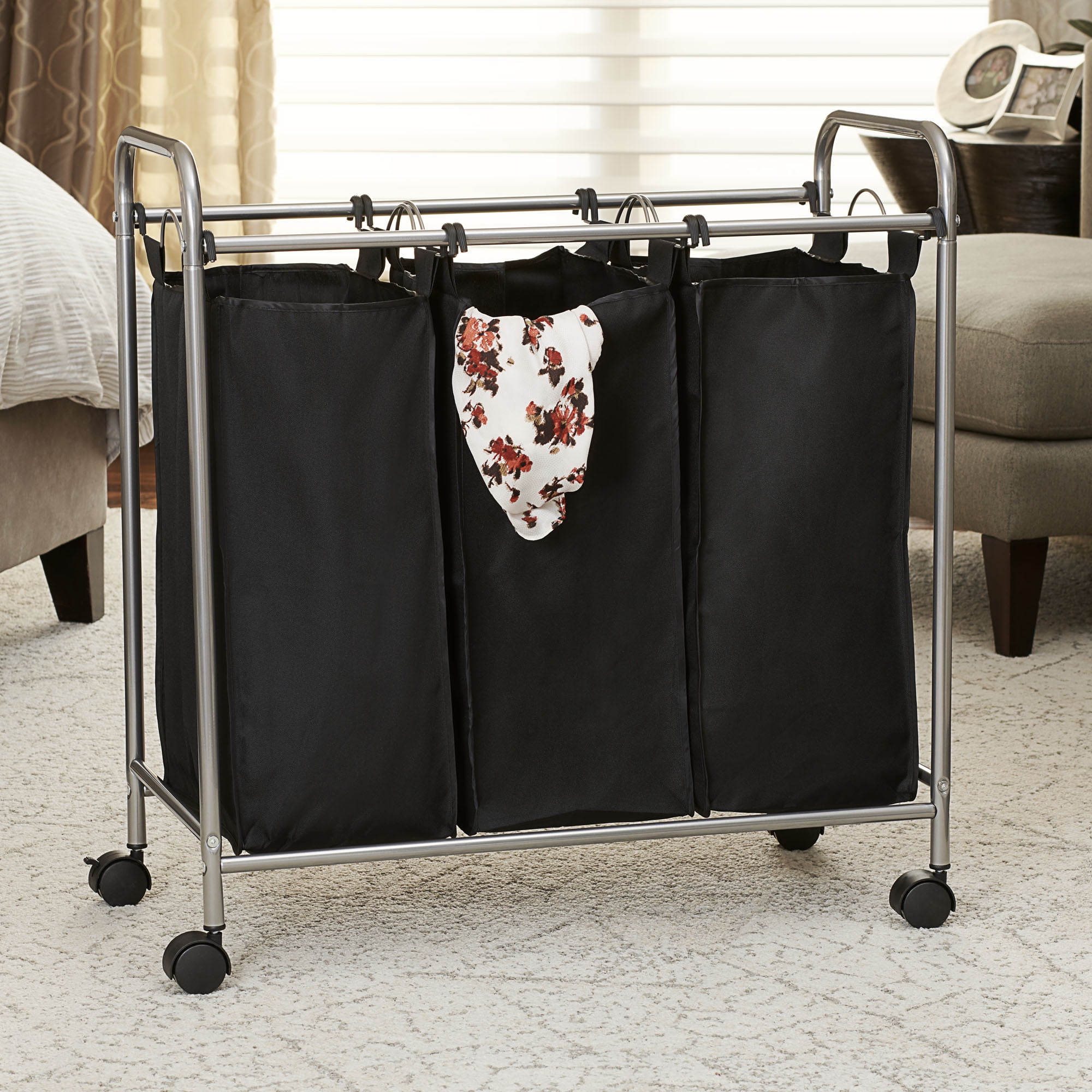 Household Essentials Rolling Triple Sorter Laundry Hamper with 3 Lift-Out B...