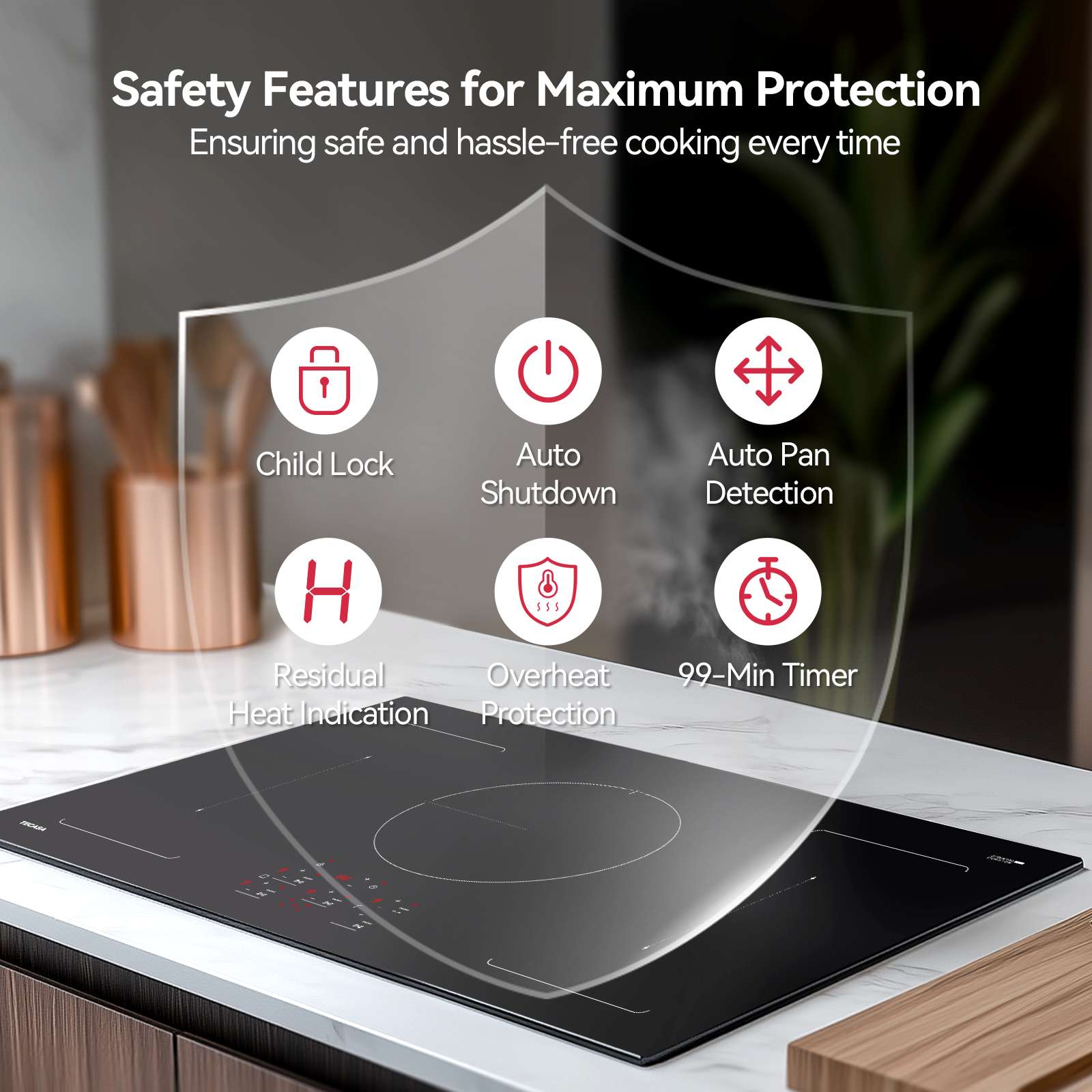 TECASA 36 in Built-in Induction Cooktop, 10800W Electric Cooktop 5 Burners with Boost, Touch Control Stove Top, Timer & Child Lock, Black