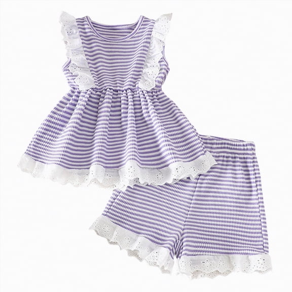 Xyant Toddler Baby Girl Summer Clothes Infant Sleeveless Tank Top Shirt Shorts Set Infant Striped Ruffles Outfits (Purple,18-24 Months)