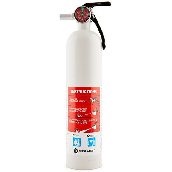 BRK Electronics Fire Extinguisher AUTOMAR10 First Alert; UL Rated 10-B C; Sodium Bicarbonate Extinguishing Agent; U S Coast Guard Approved; 2.5 Pound Bottle; White; With Mounting Bracket; With Gauge