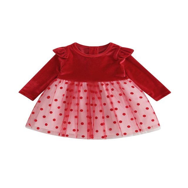 Robes Patchwork en Tulle à Pois à Manches Longues à Col Rond pour Bébés Filles