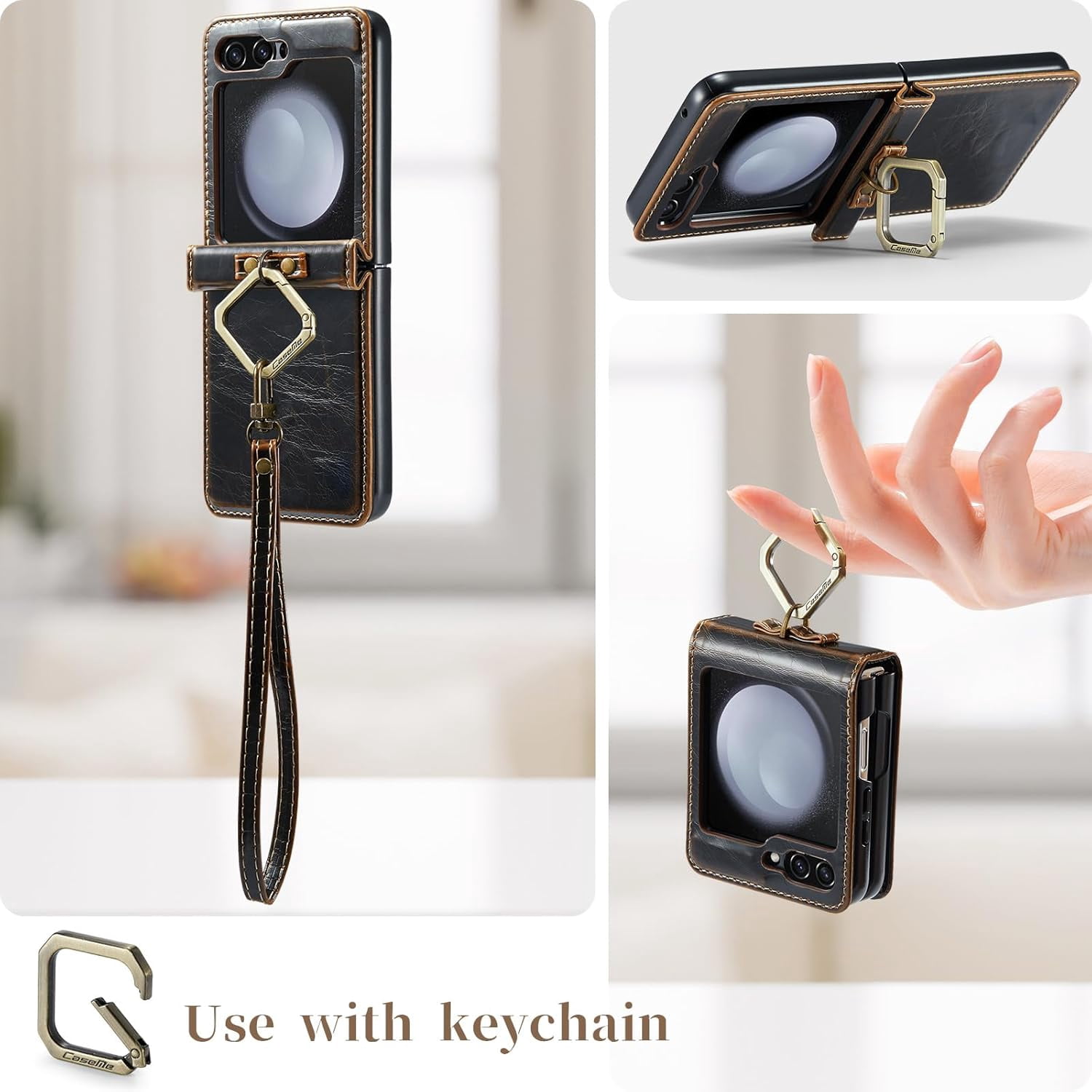 Phone Case for Samsung Galaxy Z Flip 5 5G 2023 with Lanyard Wrist Strap Thin Slim PU Leather Shockproof Hard Shell Protective Cell Cover ZFlip5 Z5 G Flip5 5Z Women Girls Coffee
