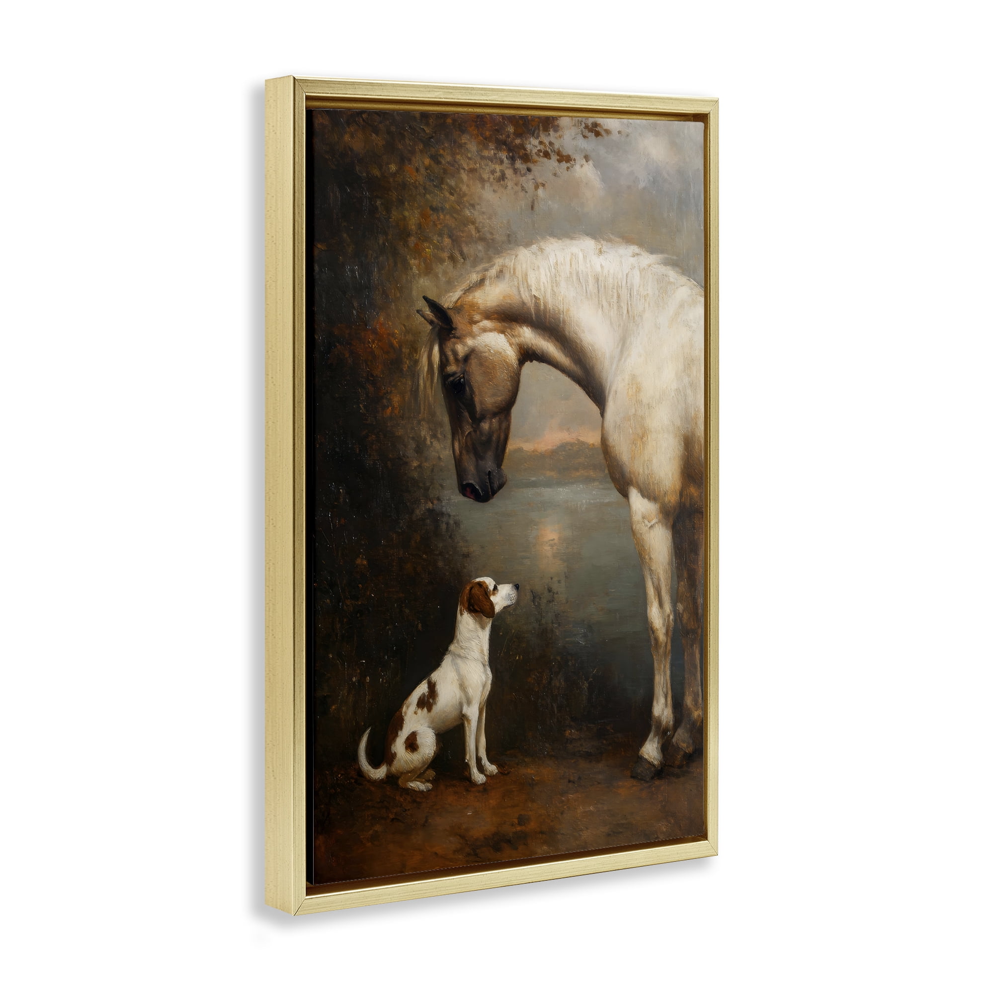 Stupell Industries Hound & Horse Vintage View Gold Framed Floater Canvas Wall Art, design by Petal Prints Design