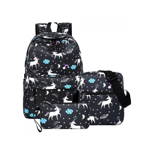Set 3 Mochila Lonchera y Lapicera Escolar Unicornios Negro Belug Kit Mochila