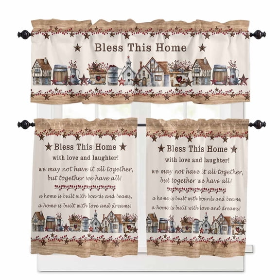 Bless This Kitchen Curtains Valances and Tiers Set of 3, 36 Inch Length Tier Curtains and Valance Rod Pocket Valance Curtains Set for Kitchen Bathroom Small Windows