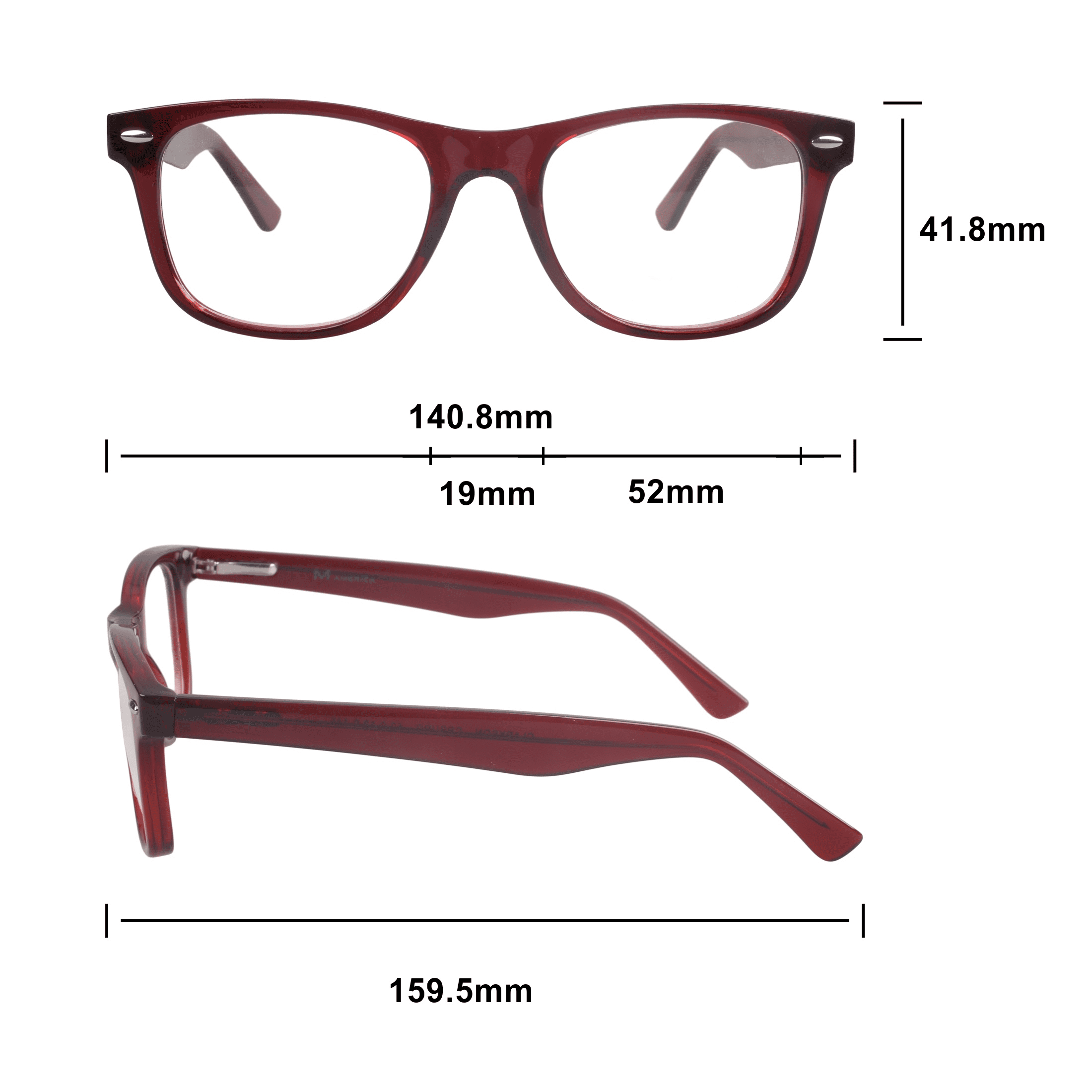 Mens M America Clarkson Rx'able Eyeglasses, Plastic, Square, Burgundy Crystal, 1 Pair