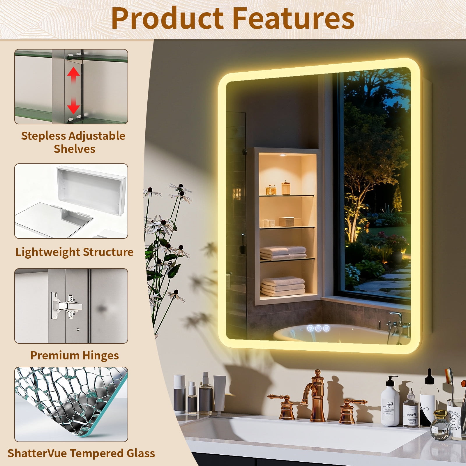 BEAUTYPEAK 24" x 32" Bathroom LED Mirror Medicine Cabinet with Storage Adjustable 3 Color Temperature