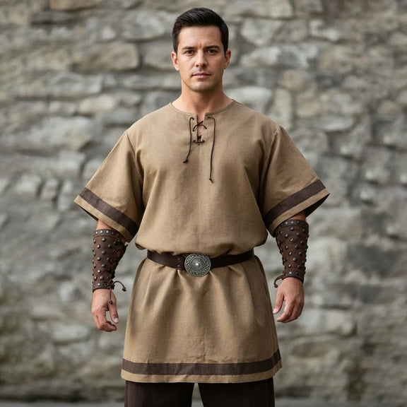 JOANKDMI Mens Medieval Tunic Shirt Short Sleeve Renaissance Viking Costume Lace-Up V-Neck Pirate Top Retro Peasant Blouse for Halloween LARP Cosplay Festival, S-5XL
