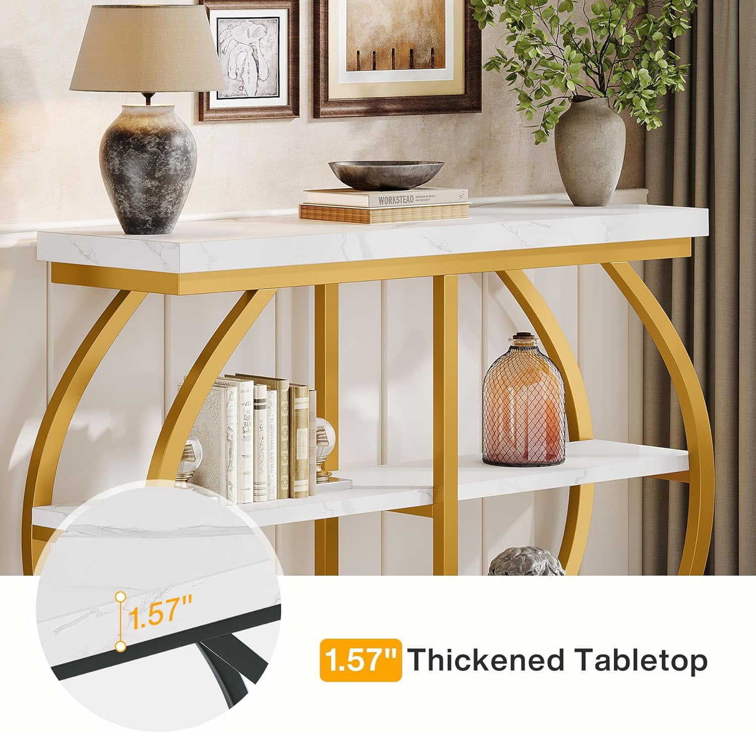 Tribesigns 41.3" Industrial Console Table: 3-Tier, Arched Metal Frame, Entryway Table with Storage Shelves, White & Gold