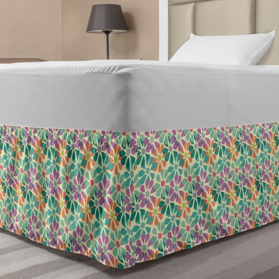 Floral Bed Skirt, Repetitive Botany Pattern with Funny Spring Flowers Blossoming, Elastic Bedskirt Dust Ruffle Wrap Around for Bedding Decor, 4 Sizes, Pale Yellow Multicolor, by Ambesonne