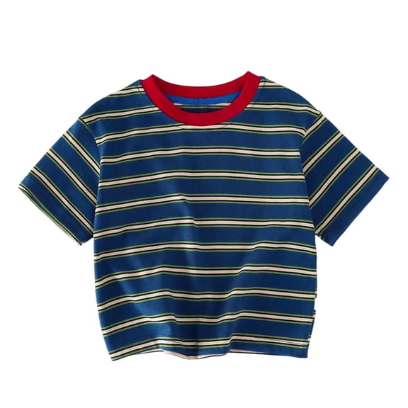 SAWOBUUN Boys Girls Summer Striped T-Shirt Kids Cotton Blend Short Sleeve Tee Crew Neck Casual Breathable Top School Uniform