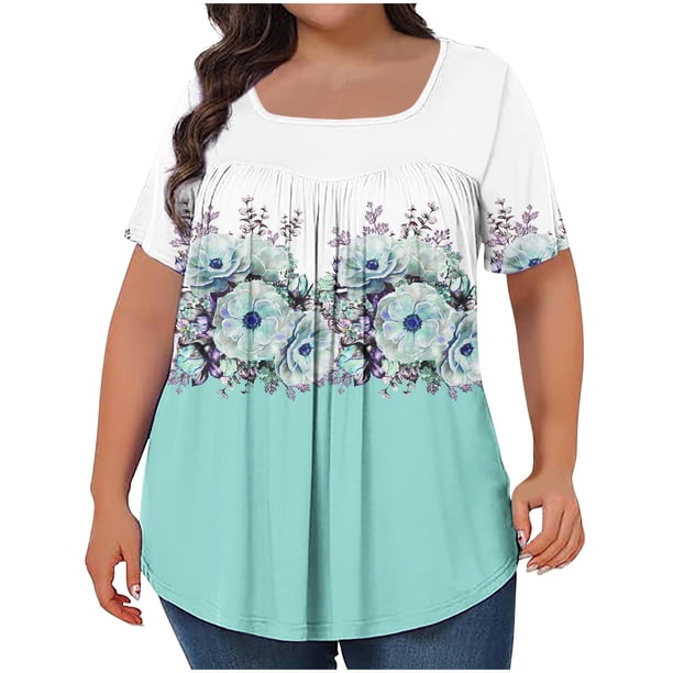 Tops Cortos para las Mujeres Impreso Cuello de Gran Tamaño Plisado Manga Corta Suelta Superior en Tamaños Más L-5xl