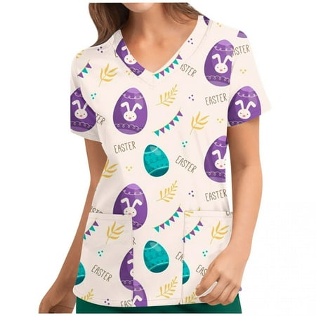 

Danhjin Womens Nursing Scrub Tops Easter Eggs Bunny Rabbit Printed Working Uniform Short Sleeve V Neck Workwear Blouse T-shirt with Pockets on Clearance