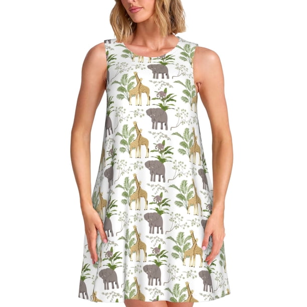 Fotbe Jungle Animal Vestido de Verano sin Mangas para Mujer – Vestido Midi Línea A, Estilo Camiseta Floral, Vestido Playero Casual y Fluido
