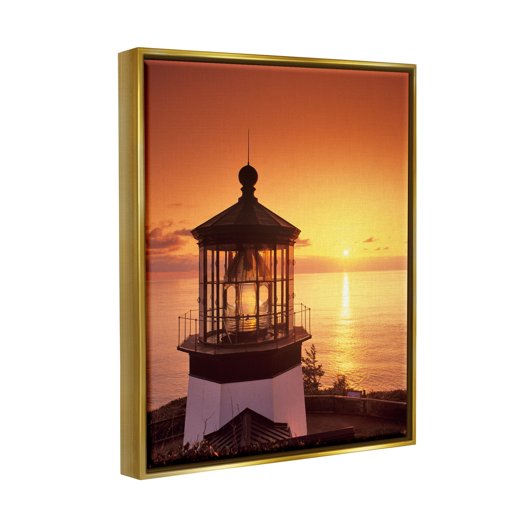 Stupell Industries Lighthouse Beacon at Sunset Nature Photography Gold Floater Framed Art Print Wall Art, 25 x 31