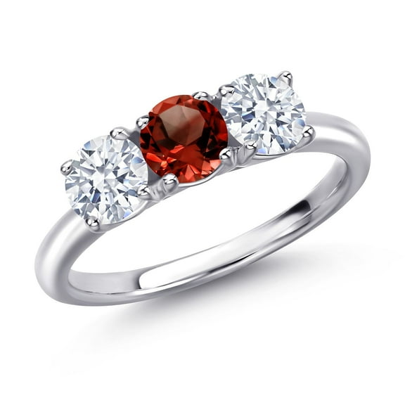Gem Stone King 925 Sterling Silver Red Garnet and White Zirconia Engagement Ring for Women | 2.05 Cttw | Round 5MM | Gemstone January Birthstone | Size 6