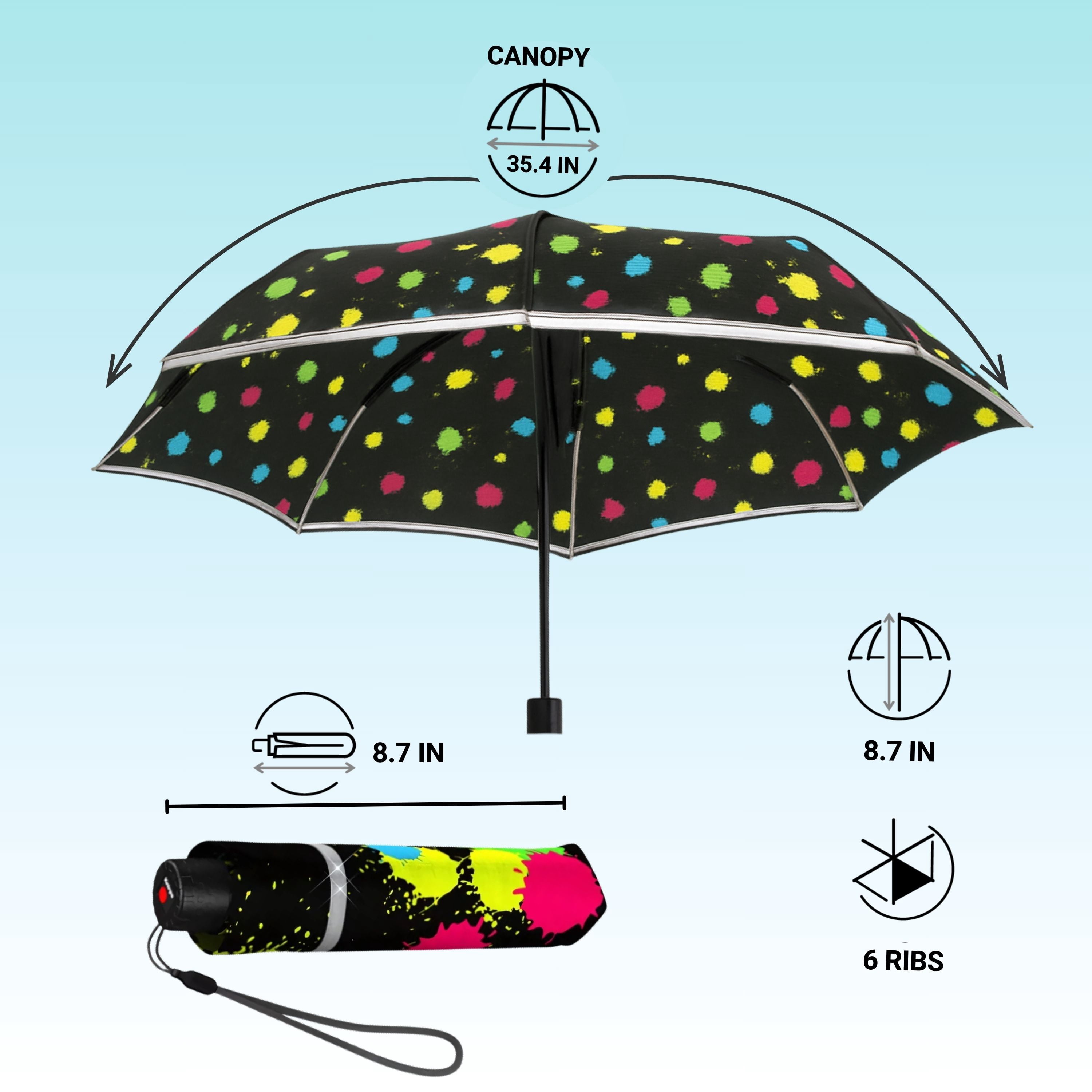Knirps Bubble Bust Rookie Manual Rain Umbrella for Elementary and Middle School Kids – 35.4" Canopy with Reflective Safety Stripe, Lightweight Design, Wind Tunnel Tested, Carrying Case Included