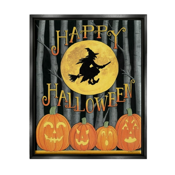 Happy Halloween Forest Witch Holiday Graphic Art Jet Black Framed Art Print Wall Art