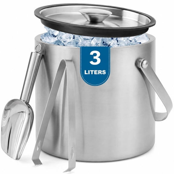 Ice Bucket, 3L Double Wall Insulated Ice Bucket with Lid,Scoop,Tongs- Inner Layer 304 Stainless Steel Ice Container Keep Ice Frozen Longer- Ideal for Cocktail Bar,Parties,Chilling Beer Win
