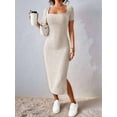 thumbnail image 2 of Women 2025 Summer Ribbed Short Sleeve Bodycon Maxi Dress Side Slit Knit Square Neck Long Sundress Khaki XS, 2 of 6