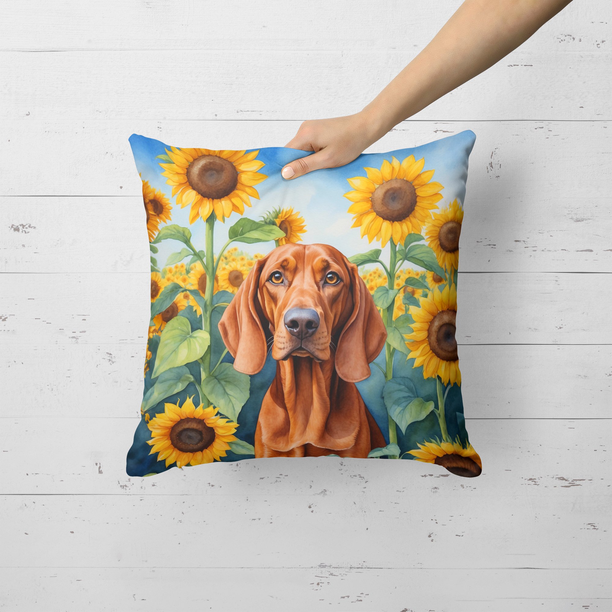 Redbone Coonhound in Sunflowers Throw Pillow 18 in x 18 in