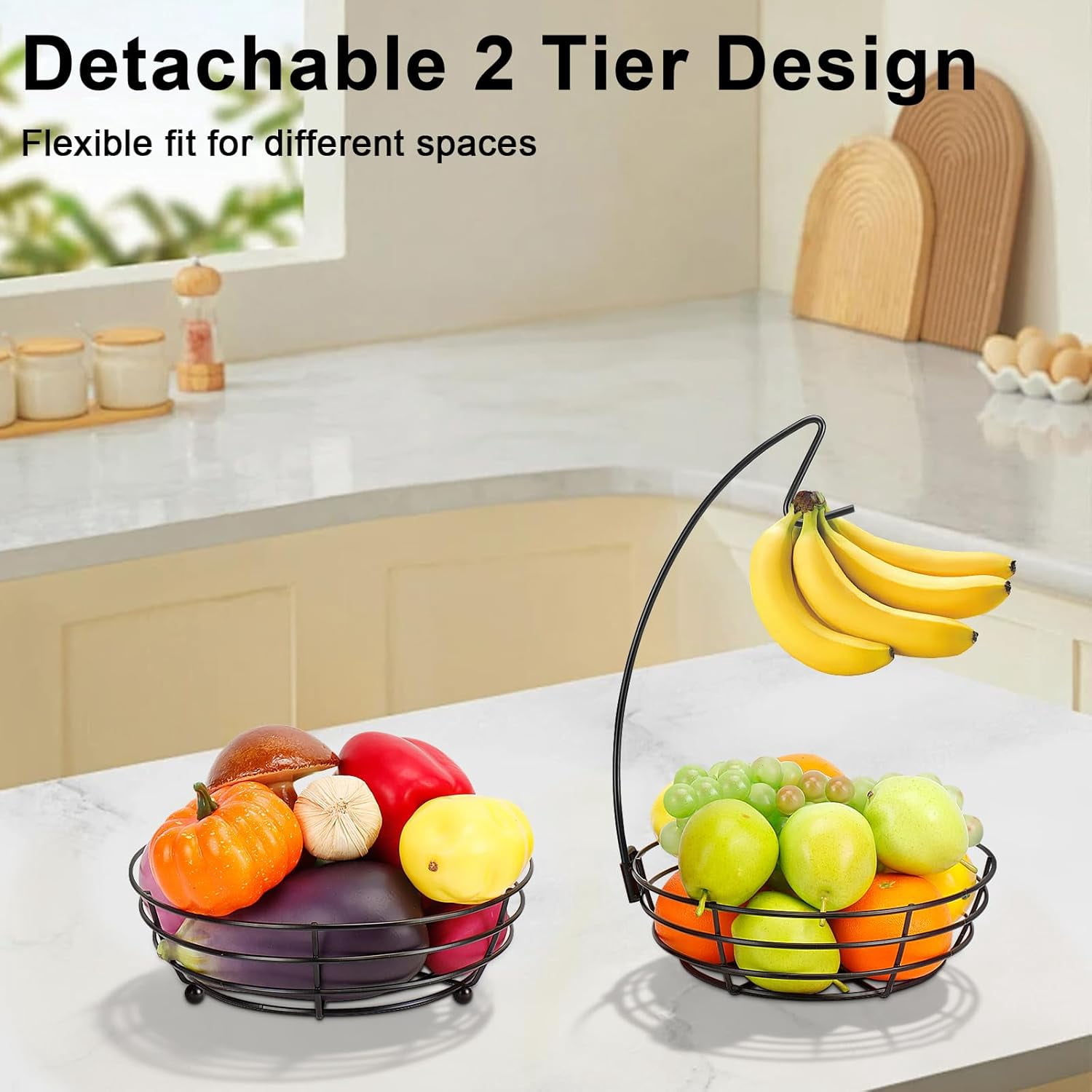 RGHJAR-2 Tier Fruit Bowl, Stackable Fruit Basket-Vegetable Holder, Large Capacity Thick Metal Wire Basket with Banana Hanger, Kitchen Countertop Fruit Veggies Storage, Black