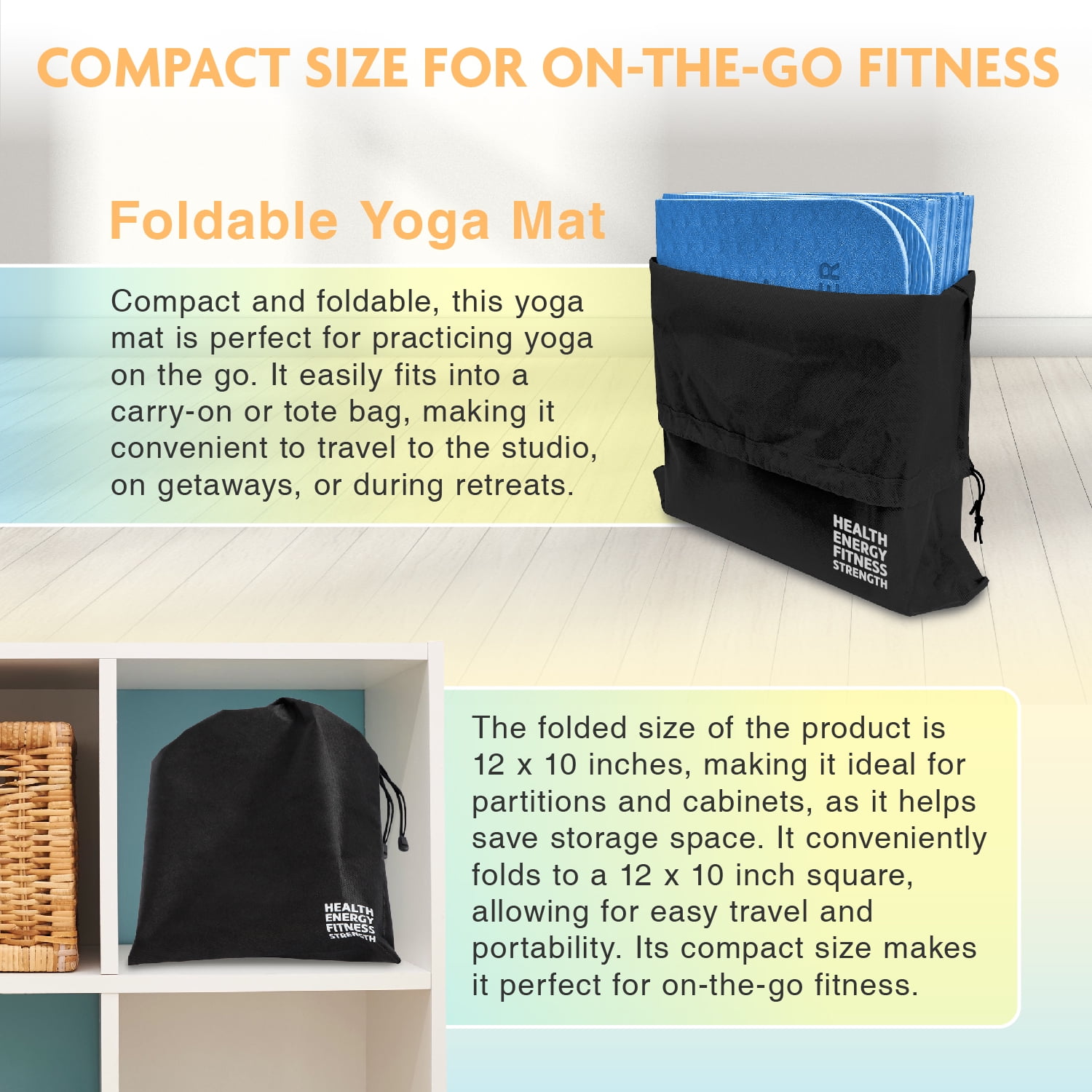 Foldable Yoga Mat - Illustrated 14 Embossed Poses, Square Folding Travel Firness & Exercise Mat as seen on TV, Perfect Storage, Pilates, Home Workout