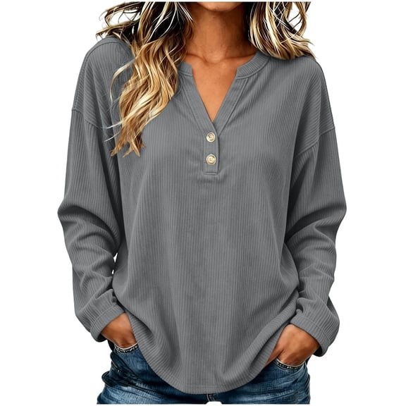 cocolona V Neck Tops for Women Button Down Long Sleeve Solid Color Casual Shirts Casual Loose Fit Basic Pullover Blouses