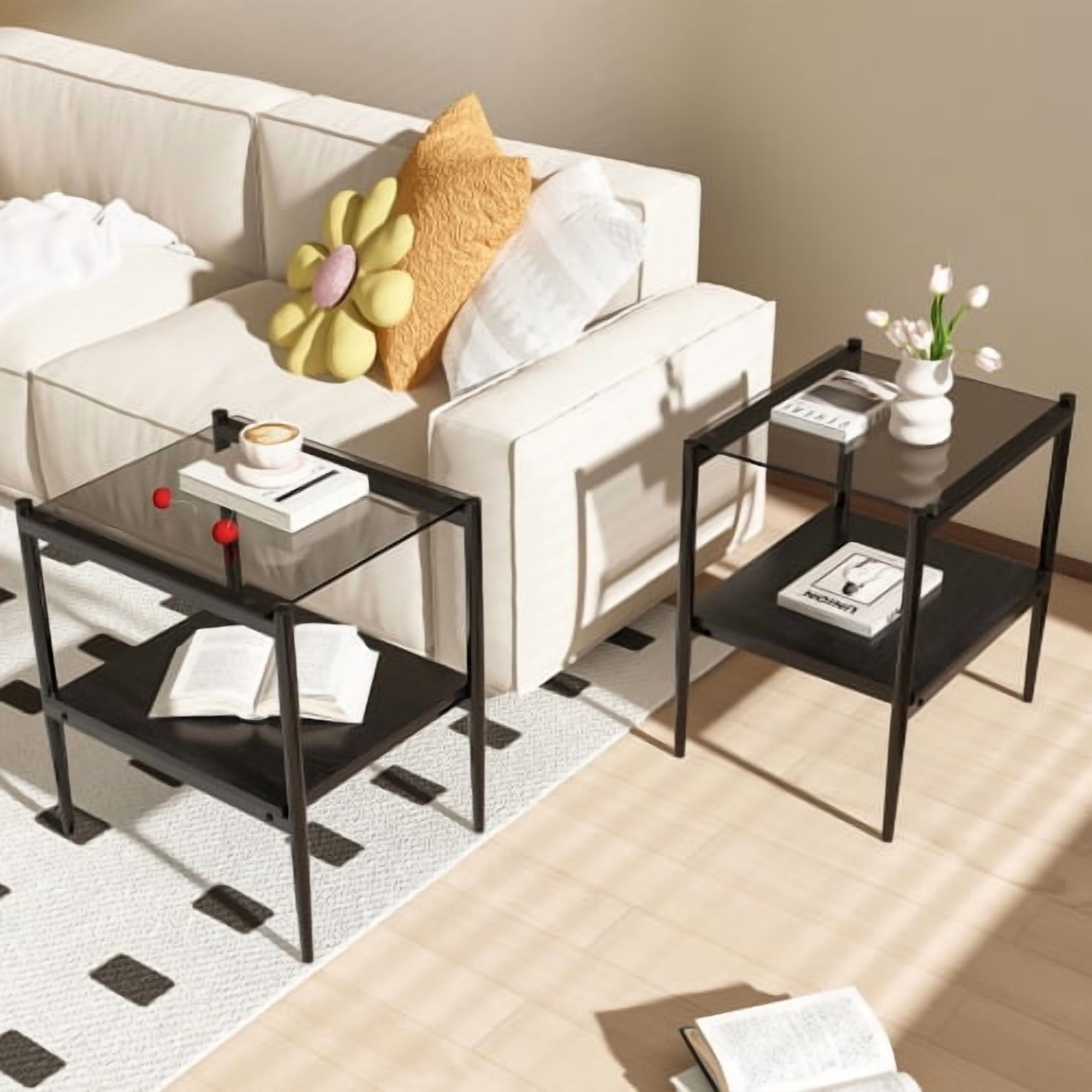 MOONMISS 2 Pack Rectangle End Table, Tempered Glass Top Side Table with MDF Frame, Modern Transparent Glass Accent Table for Living Room, Bedroom, Home Decor, Black