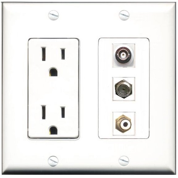 RiteAV - 15 Amp Power Outlet 1 Port RCA White 1 Port Coax 1 Port BNC Decorative Wall Plate