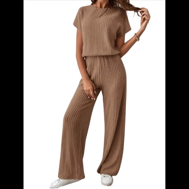 Traje Informal de Dos Piezas para Mujer, para Viajes y Vacaciones de Verano, con Corta y Pantalones Anchos. Café S