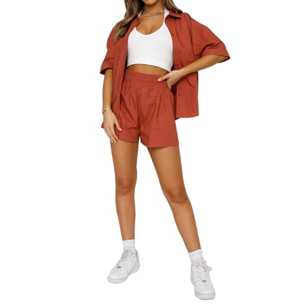 Sunloudy Conjunto de 2 piezas de verano a juego para mujer, camisa abotonada de media manga de color sólido + conjunto de pantalones cortos con cintura elástica para damas Sunloudy S M L XL XXL