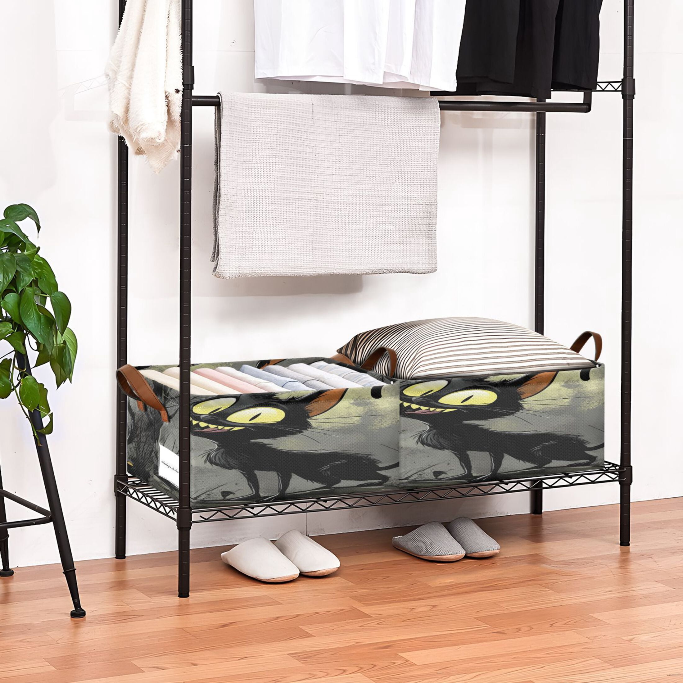 Funny Black Cat Storage Basket Soccer Plaid Fabric Hoard Box Oversized Collapsible Closet Organizer with Metal Iron Frame 16.9×11.4×7.7in