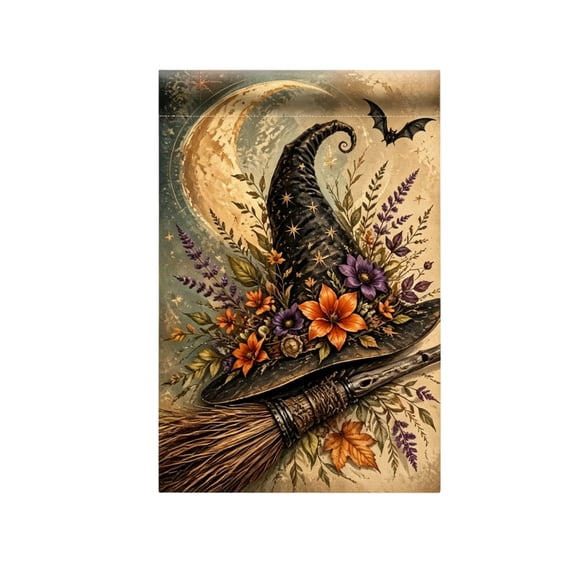 Halloween Indoor Desktop Ornaments Halloween Double Sided Garden Flag Vintage Witch Hat Brooms Print Outdoor Yard Banners Fall Seasonals Flag For Patio Lawns Farmhouses Front Porch Home Decor