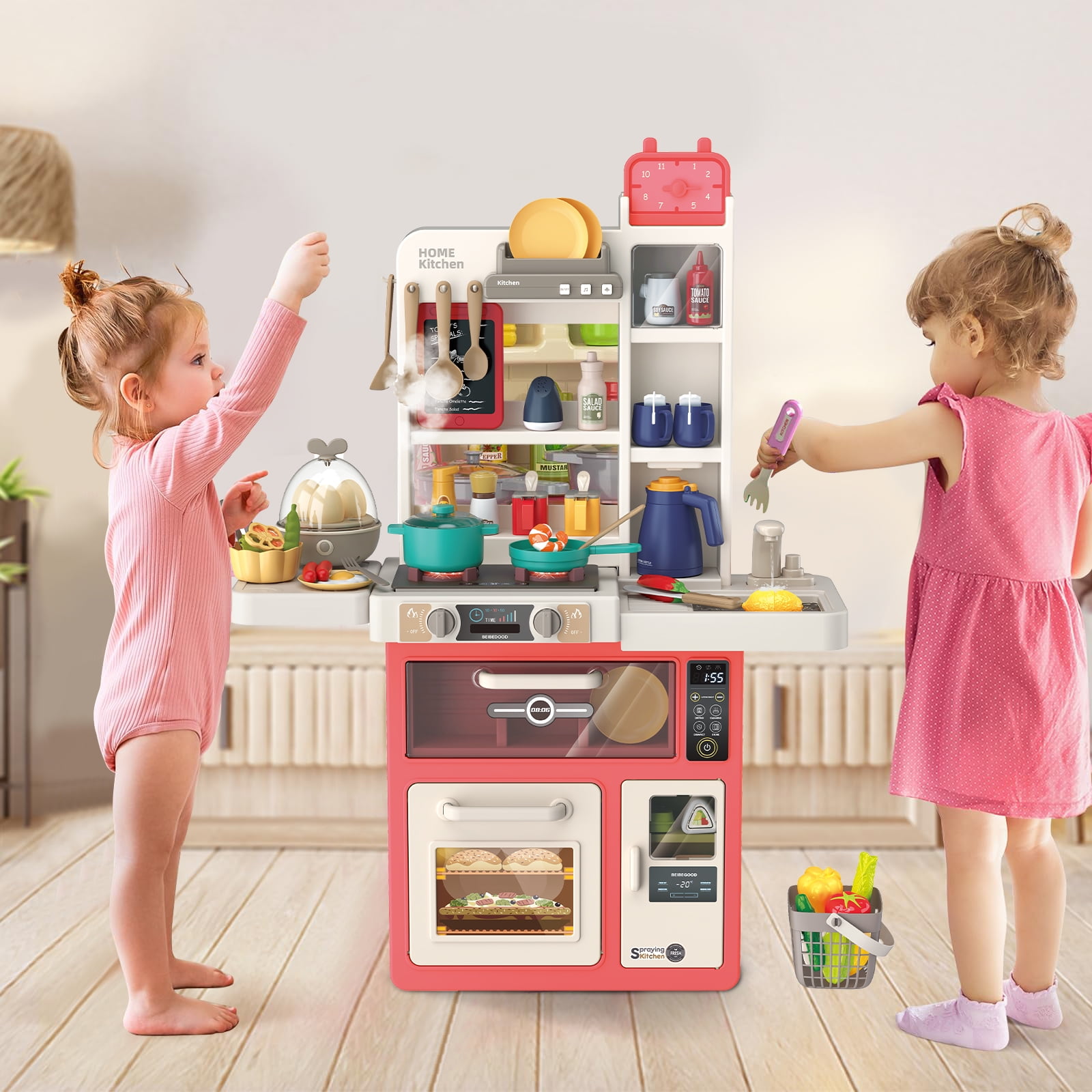 PayUSD Play Kitchen Set for Kids, 63 PCS 33Inch Pretend Play Food Toys Kitchen Set with Realistic Sounds & Lights, Play Sink, Simulation of Spray Kitchen Toys for Toddlers Girls Boys Gift, Pink