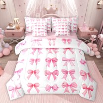 Feelyou Fashion Pink Bowknot Bedding Comforter Set 7pcs, Bow-tie Butterfly Knot Queen Bedding Sets, Teens Kids Girls Women Reversible Queen Sheet Sets, Ultra Soft Bedroom Decor