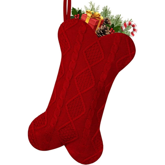Dog Christmas Stocking, 16 Inch Large Double Side Knitted Christmas Stocking for Dogs, Bone Shaped Hanging Dog Stocking for Dogs Pets (Red)