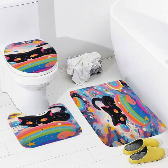 Cute Planet Cat 3 Pieces Bath Mats Set, Non-Slip Washable Cover Floor Rug Decorations for Kitchen Bathroom Bedroom