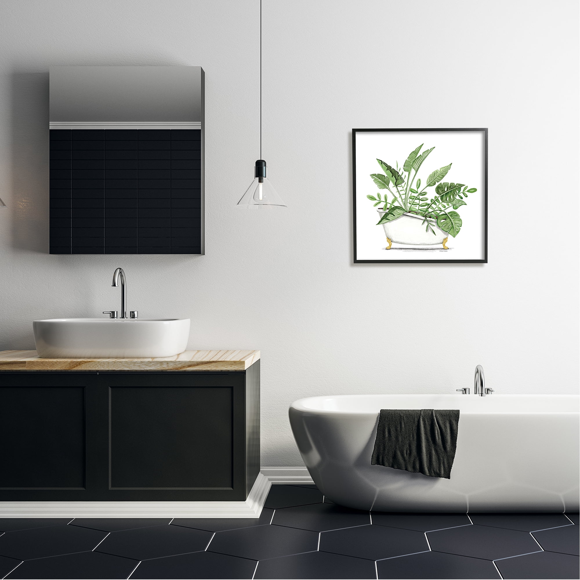 Stupell Tropical Monstera Plants Vintage Tub Typography Painting Black Framed Art Print Wall Art