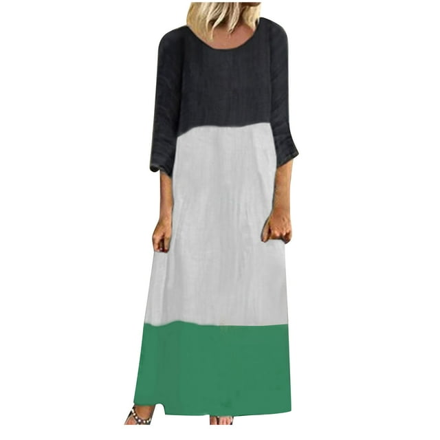 QIPOPIQ Robes pour Femmes Manches Longues à Volants Printemps et Col Rond Robe d'Été en Coton et Lin Robes Décontractées Couture Contrastée Épaule Manches Longues Robe Offres 2023