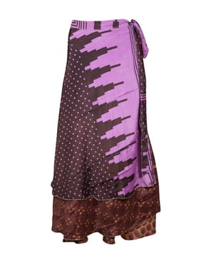 Mogul Women Brown,Purple Vintage Silk Sari Magic Wrap Skirt Reversible Printed 2 Layer Sarong Beach Wear Cover Up Long Skirts One Size